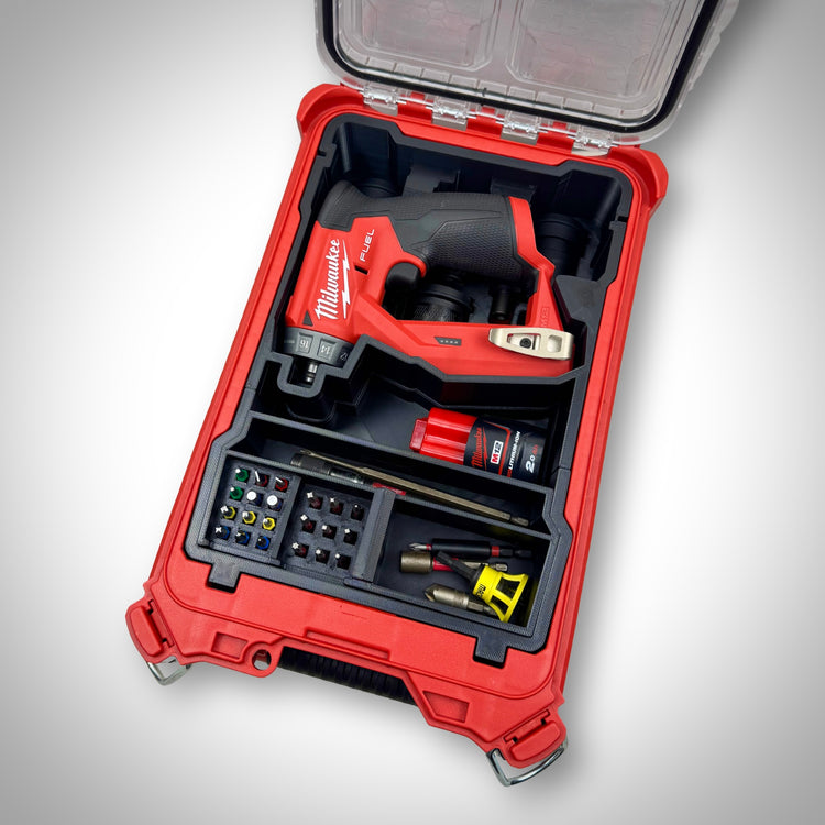 Milwaukee PACKOUT Compact Organiser with Installation Driver insert fully loaded with the driver, heads, and accessories, neatly organized inside the container.