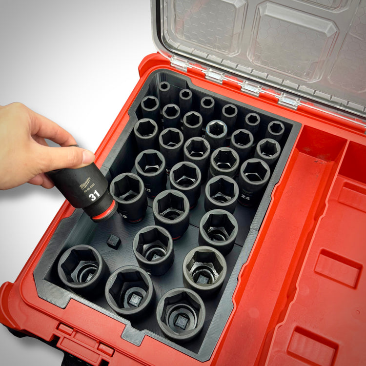 Metric & SAE Deep Impact Socket Organiser Insert fitted inside the Milwaukee PACKOUT™ Organiser (48228430), fully loaded with deep impact sockets for a clean, efficient storage solution, showcasing the ease of access.