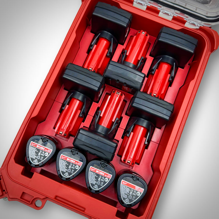 Milwaukee PACKOUT™ Compact Organiser with red M12 Battery Storage Insert fully loaded with M12 compact and extended batteries, neatly organised inside the toolbox.