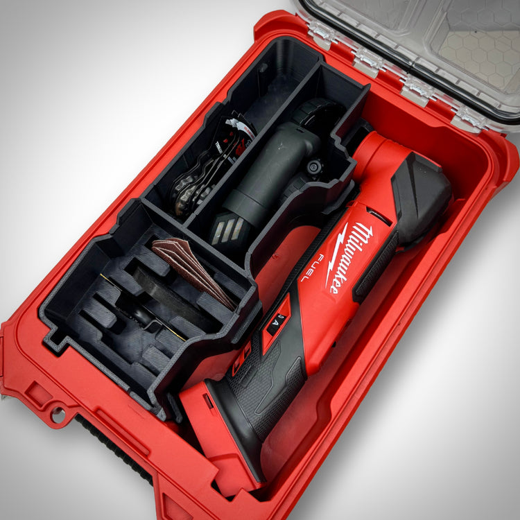 M18 Multi Tool and its blades, sanding pads, and accessories neatly arranged in the custom insert inside the Milwaukee PACKOUT™ Compact Organiser.