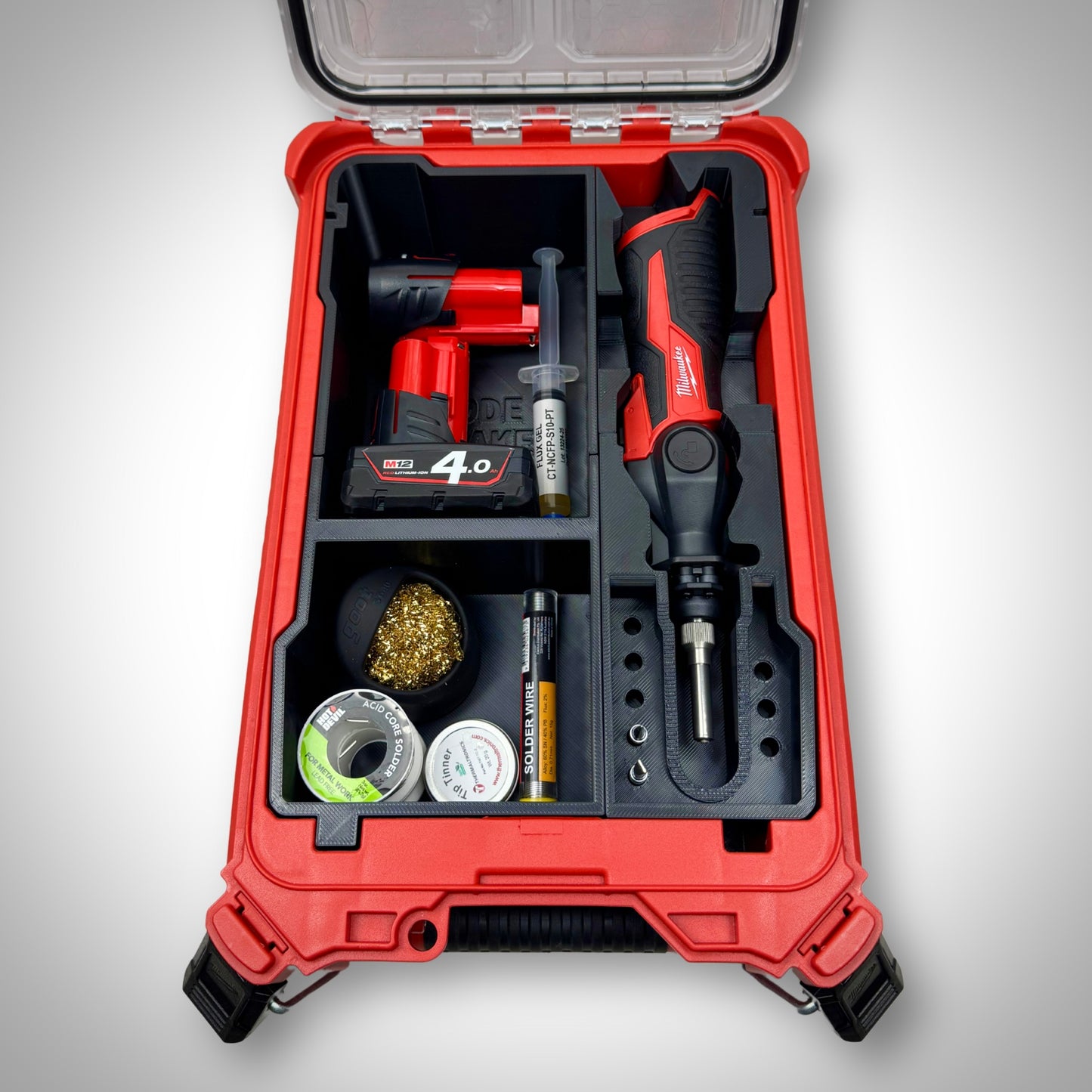 M12 Soldering Iron Insert fully loaded with Milwaukee M12 soldering iron, tips, batteries, and accessories neatly organized inside the PACKOUT™ Compact Organiser.