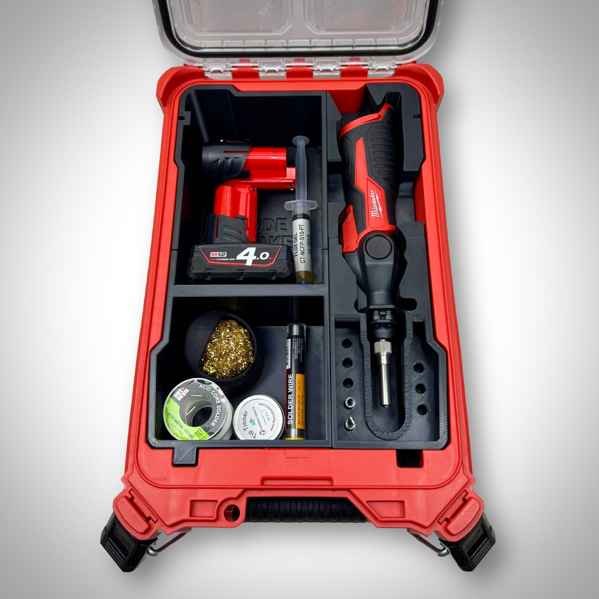 M12 Soldering Iron Insert fully loaded with Milwaukee M12 soldering iron, tips, batteries, and accessories neatly organized inside the PACKOUT™ Compact Organiser.