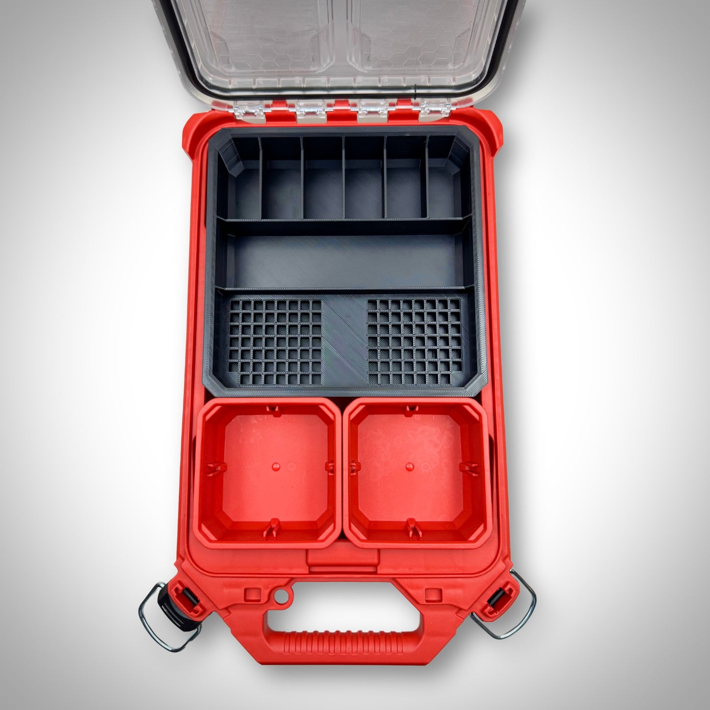 Empty Impact Bit Holder V2 securely fitted inside the Milwaukee PACKOUT™ Low Profile Organiser, showcasing its custom-fit compartments ready for bits.