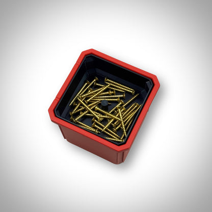 Milwaukee PACKOUT™ Medium Organiser with triple stack bin dividers installed, fully loaded with small parts and hardware neatly separated in each compartment.”