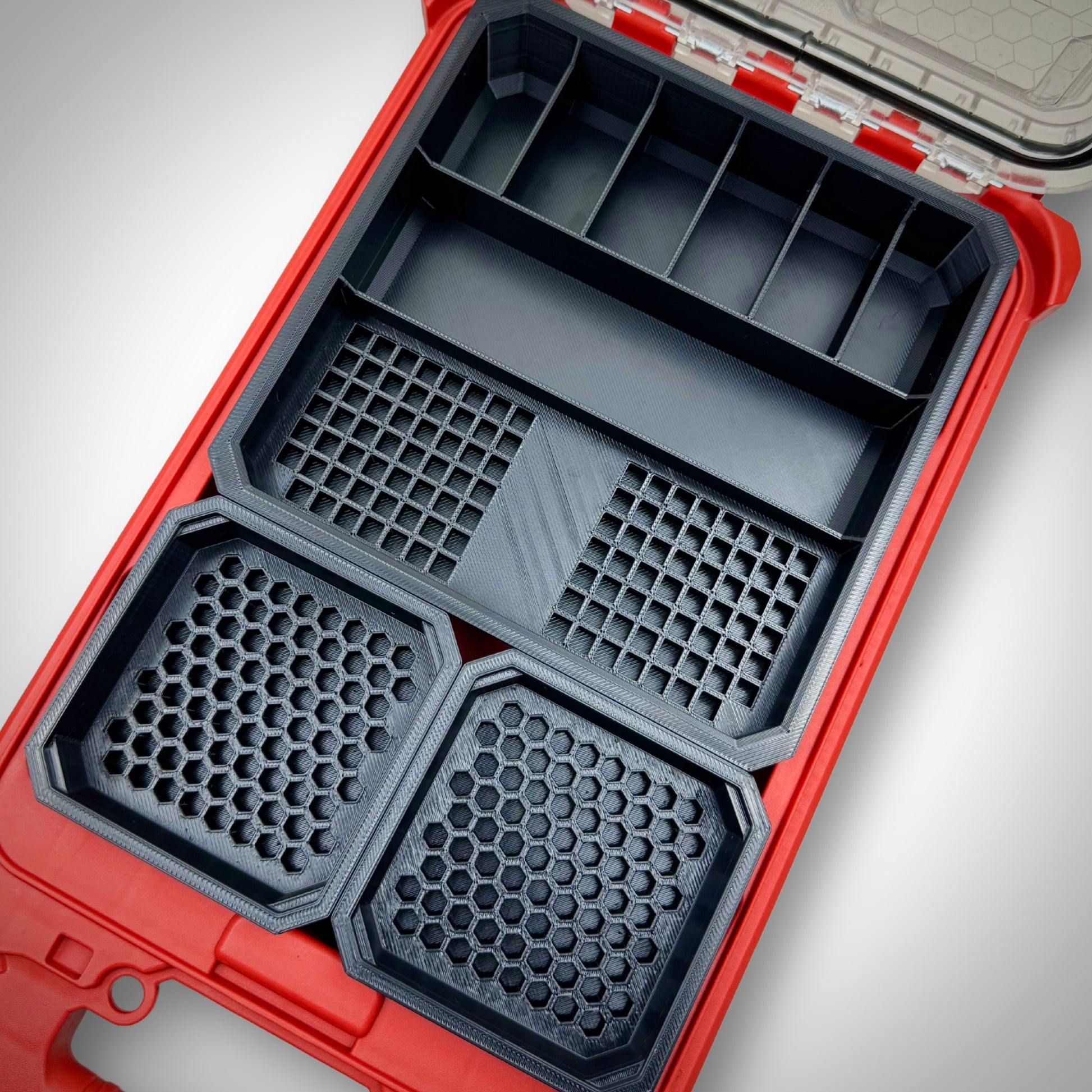 Empty Impact Bit Organiser Combo insert installed inside the Milwaukee PACKOUT™ Low Profile Organiser, showcasing its precision-fit design and compartment layout.