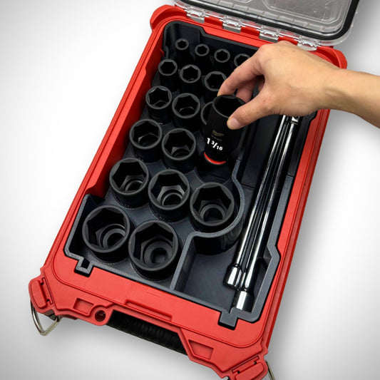 SAE socket organiser insert inside the Milwaukee PACKOUT Toolbox, fully loaded with sockets showcasing the accessories ease of access.