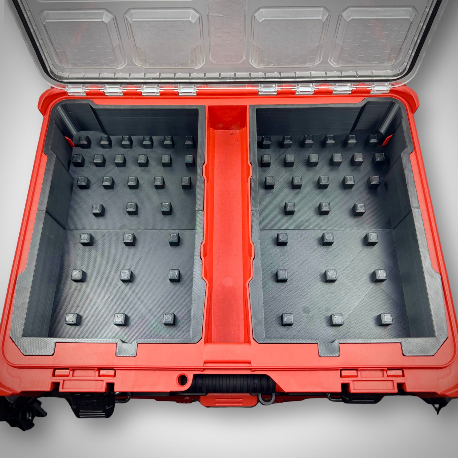 Empty Metric & SAE Deep Impact Socket Organiser Insert displayed inside the Milwaukee PACKOUT™ Organiser, showing dedicated slots for clean and structured storage.