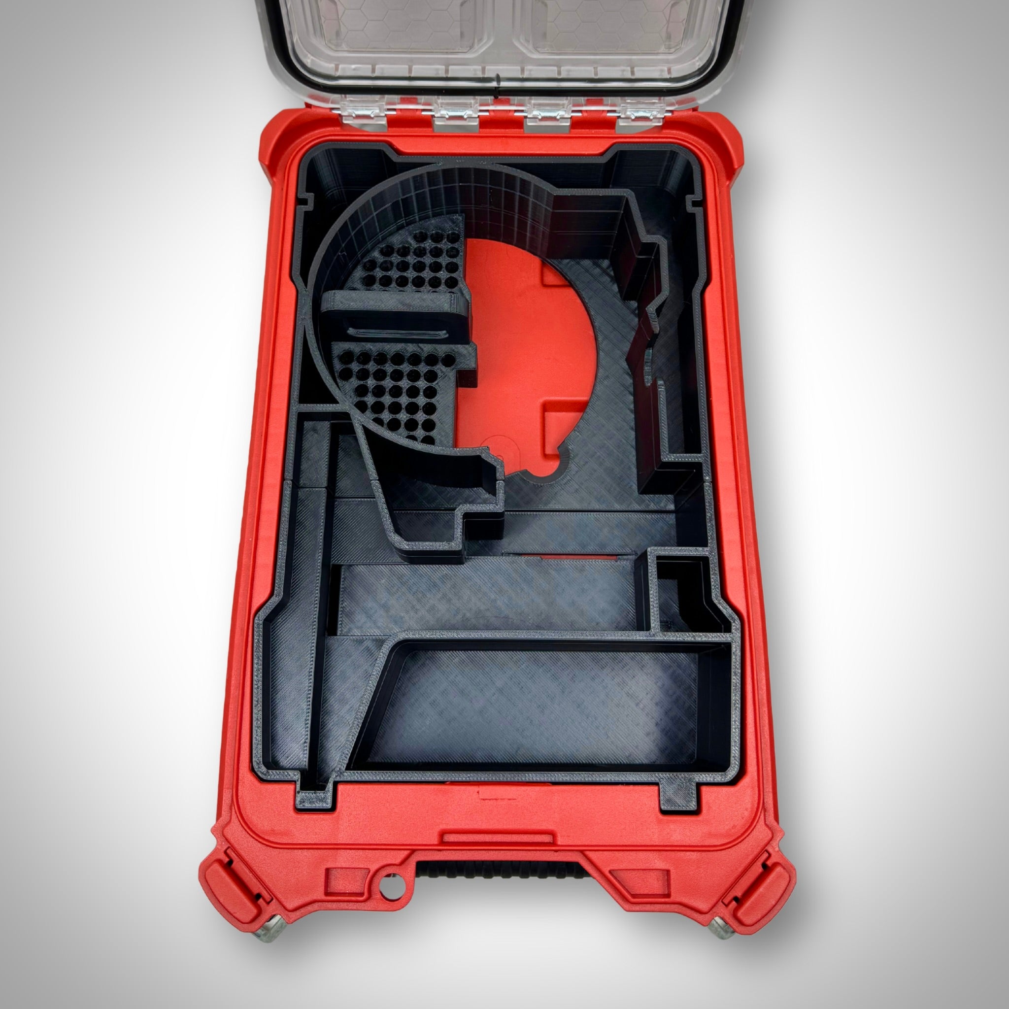 Empty M18 Compact Router insert fitted inside the PACKOUT™ Compact Organiser, showing all compartments and cutouts.