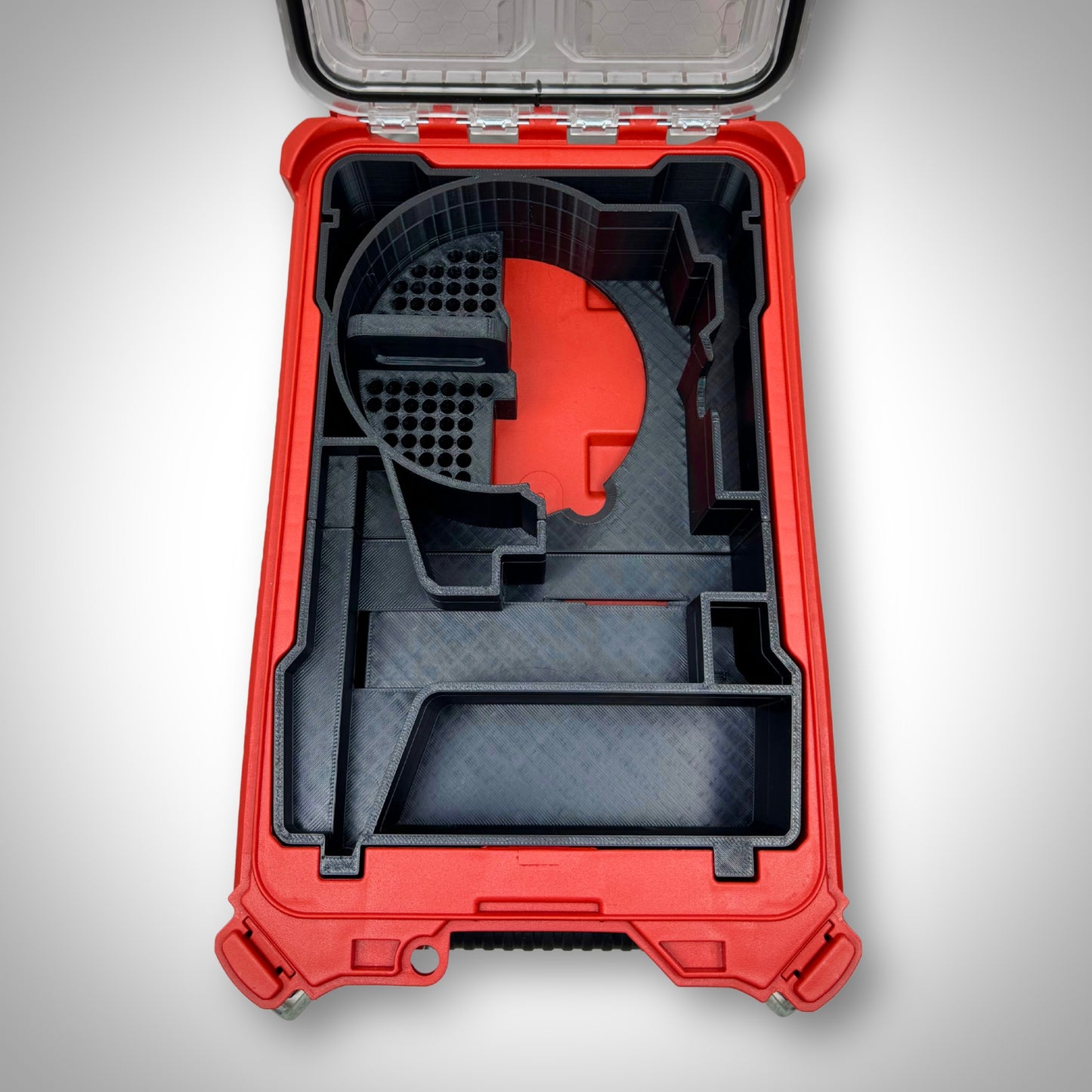 Empty M18 Compact Router insert fitted inside the PACKOUT™ Compact Organiser, showing all compartments and cutouts.