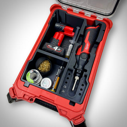 M12 Soldering Iron Insert fully loaded with Milwaukee M12 soldering iron, tips, batteries, and accessories neatly organized inside the PACKOUT™ Compact Organiser.
