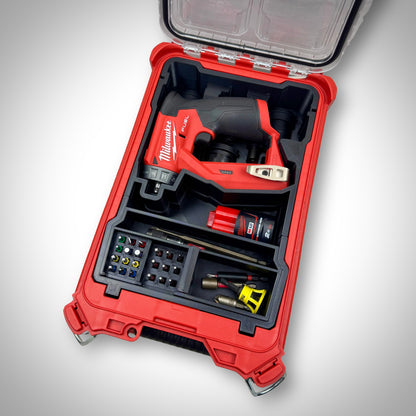 Milwaukee PACKOUT Compact Organiser with Installation Driver insert fully loaded with the driver, heads, and accessories, neatly organized inside the container.