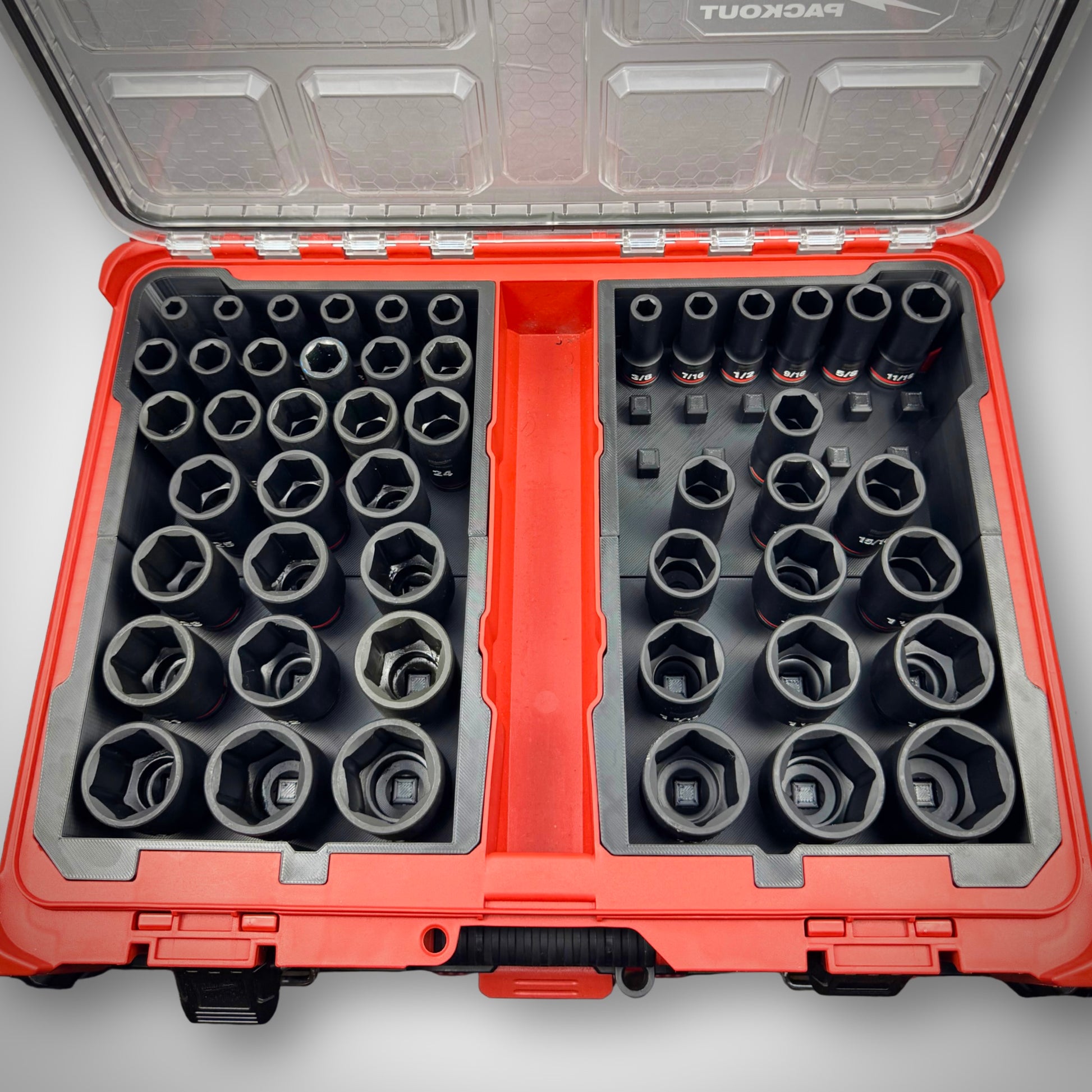 Metric & SAE Deep Impact Socket Organiser Insert fitted inside the Milwaukee PACKOUT™ Organiser (48228430), fully loaded with deep impact sockets for a clean, efficient storage solution in both the left and right side setups.