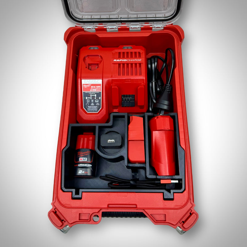 Charging Kit Insert fully loaded with charger, M12 and M18 batteries, and cables neatly arranged inside the Milwaukee PACKOUT™ Compact Organiser.