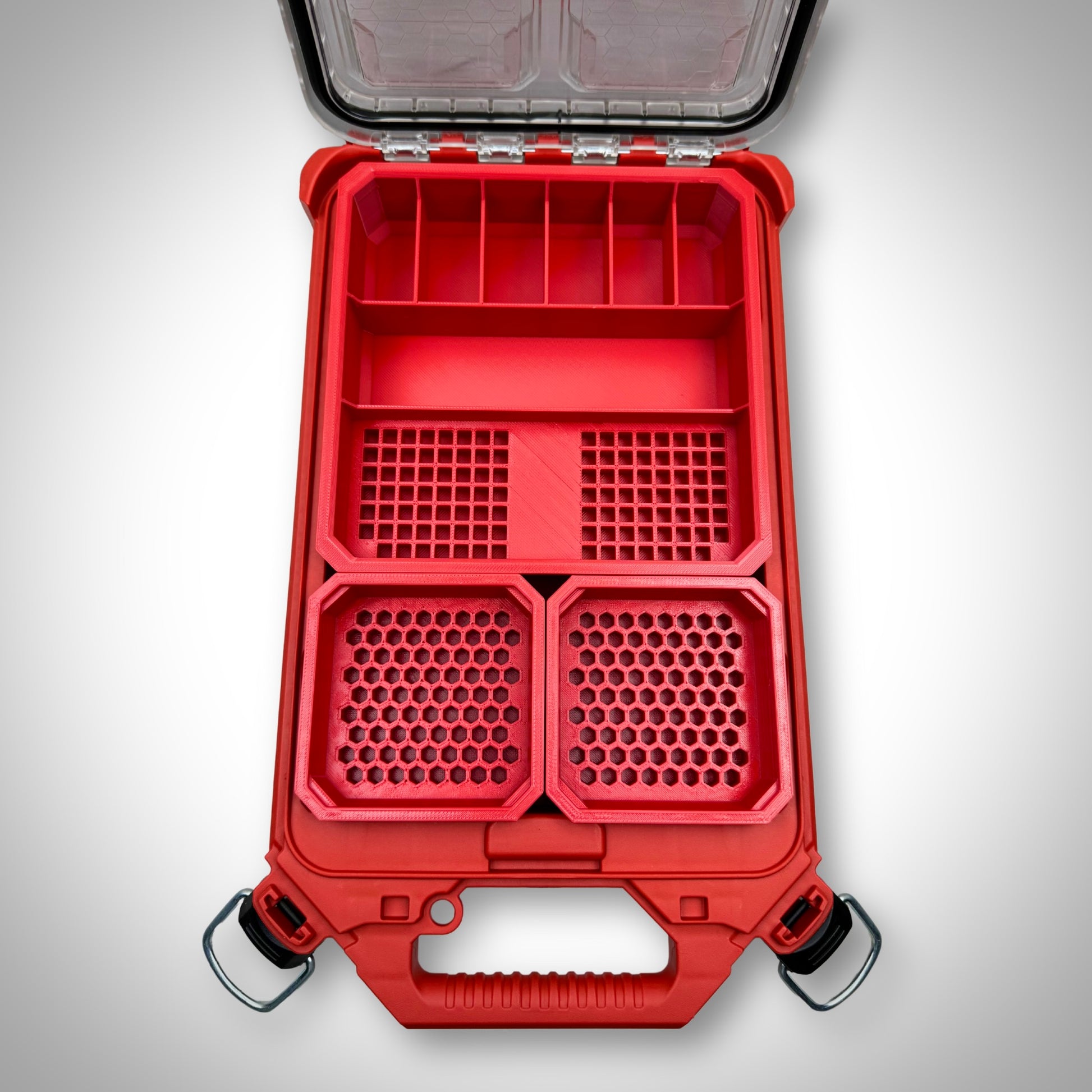 Empty red Impact Bit Organiser Combo insert fitted snugly inside a Milwaukee PACKOUT™ Low Profile Organiser, clearly displaying its structured compartments.