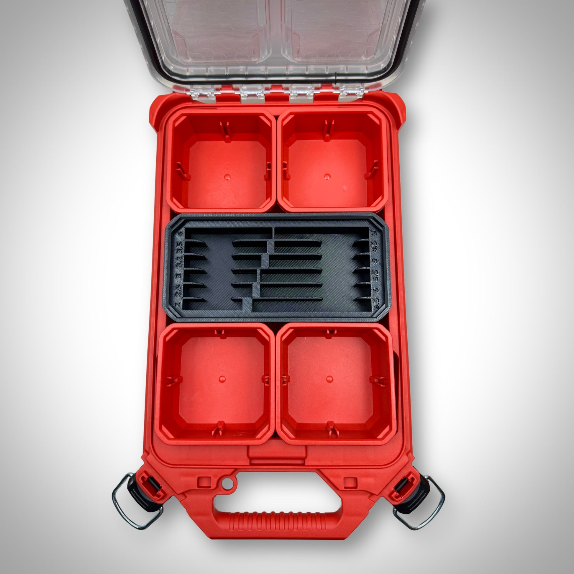 Empty black Metric Drill Bit Holder Insert snugly fitted inside the Milwaukee PACKOUT™ Low Profile Organiser, showing its custom compartments ready for drill bits.