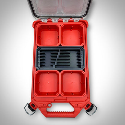Empty black Metric Drill Bit Holder Insert snugly fitted inside the Milwaukee PACKOUT™ Low Profile Organiser, showing its custom compartments ready for drill bits.