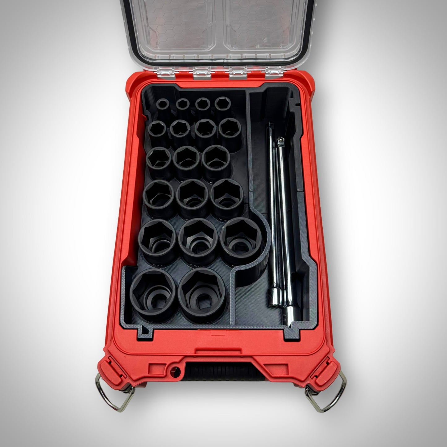 SAE socket organiser insert placed inside the Milwaukee PACKOUT Toolbox, fully loaded with sockets to showcase organised and accessible tool storage.