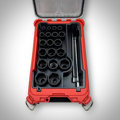 SAE socket organiser insert placed inside the Milwaukee PACKOUT Toolbox, fully loaded with sockets to showcase organised and accessible tool storage.