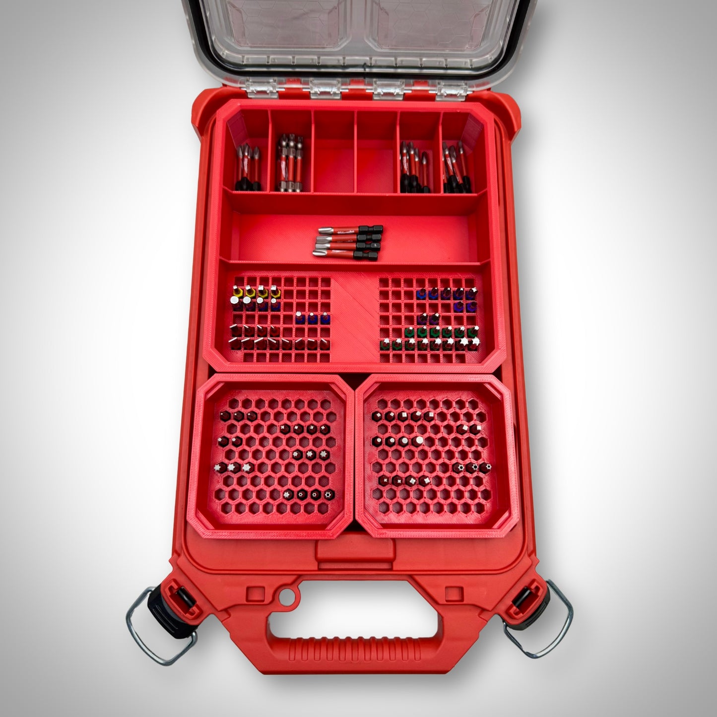 Red Impact Bit Organiser Combo insert loaded with assorted impact bits inside a Milwaukee PACKOUT™ Low Profile Organiser, showing a bold, clean layout.