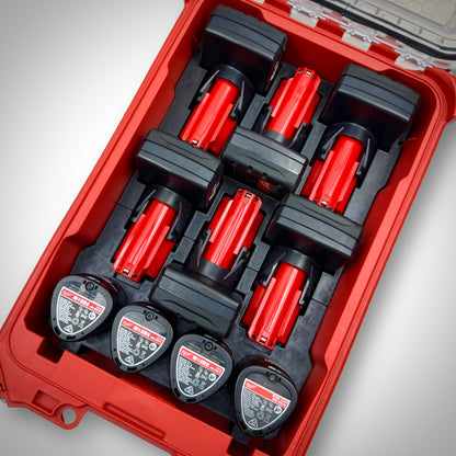 Milwaukee PACKOUT™ Compact Organiser with black M12 Battery Storage Insert fully loaded with M12 compact and extended batteries, neatly organised inside the toolbox.