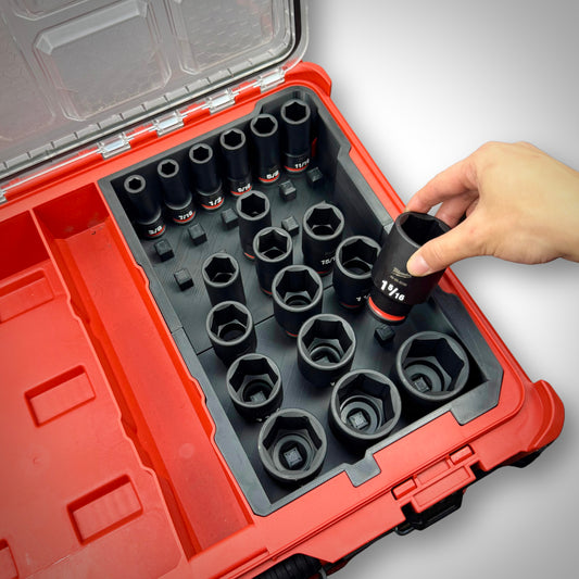 Metric & SAE Deep Impact Socket Organiser Insert fitted inside the Milwaukee PACKOUT™ Organiser (48228430), fully loaded with deep impact sockets for a clean, efficient storage solution.
