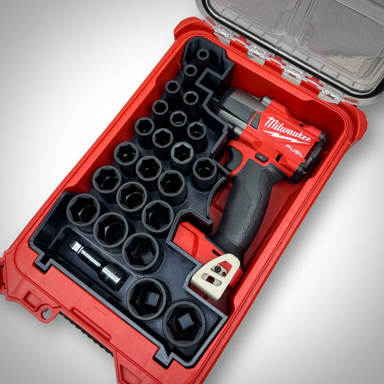 M18 1/2" Impact Wrench and full socket kit neatly arranged in the custom insert inside the Milwaukee PACKOUT™ Compact Organiser.