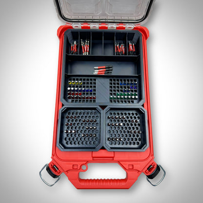 Milwaukee PACKOUT™ Low Profile Organiser loaded with the Impact Bit Organiser Combo insert, holding an assortment of 25mm, 50mm, and extension bits neatly arranged in designated compartments.