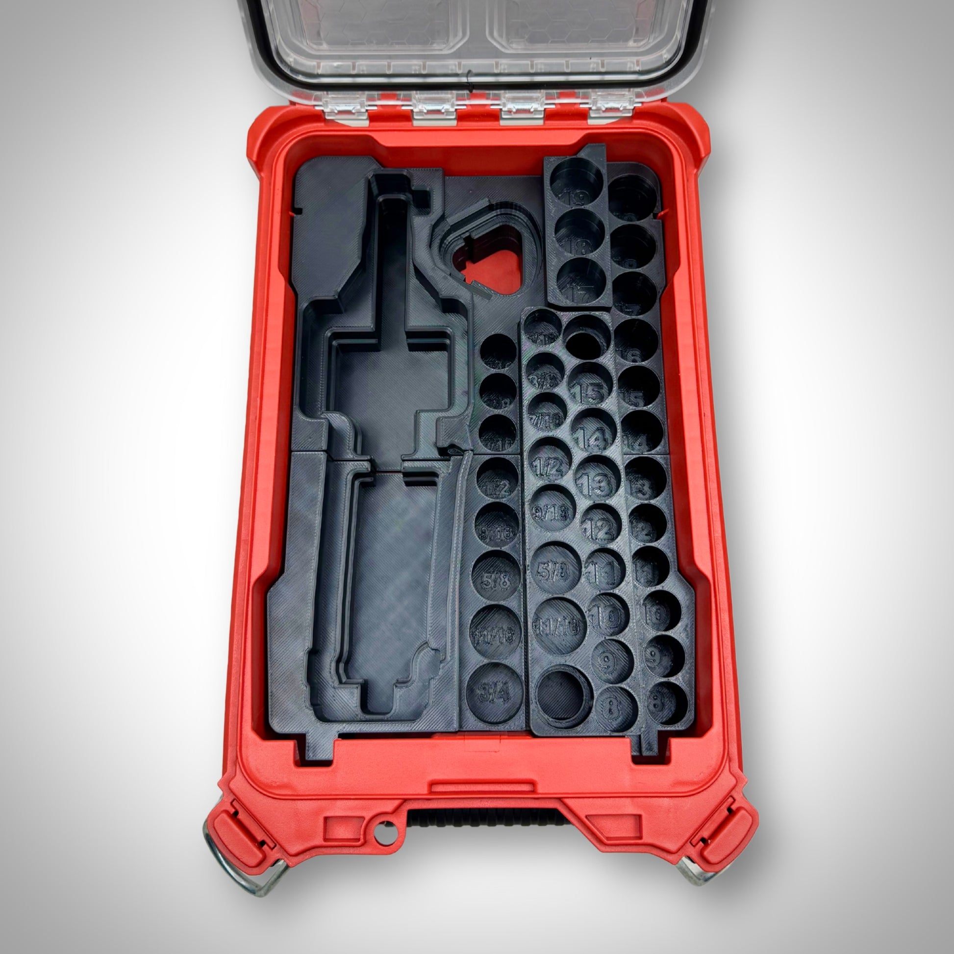 Empty M12 Ratchet & 3/8" Socket Set Insert securely fitted inside the Milwaukee PACKOUT™ Compact Organiser, showing clean compartments ready for tools.