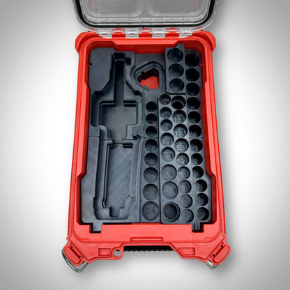 Empty M12 Ratchet & 3/8" Socket Set Insert securely fitted inside the Milwaukee PACKOUT™ Compact Organiser, showing clean compartments ready for tools.