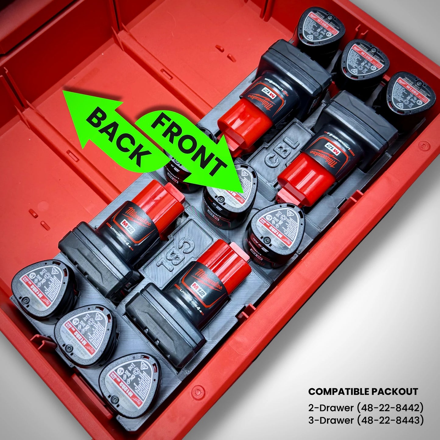 M12 Battery Storage SIDEWAYS Insert for Milwaukee PACKOUT™ Drawers