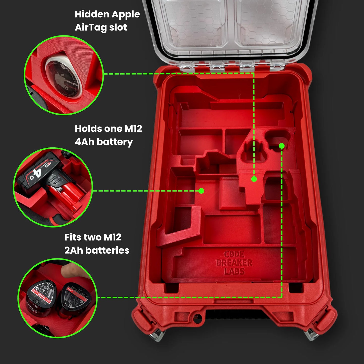 Milwaukee PACKOUT Compact Organiser showcasing a custom insert that securely stores an M12 FUEL Hammer Drill, Impact Driver, batteries, , Apple Airtag and accessories in a tidy, job-ready layout.