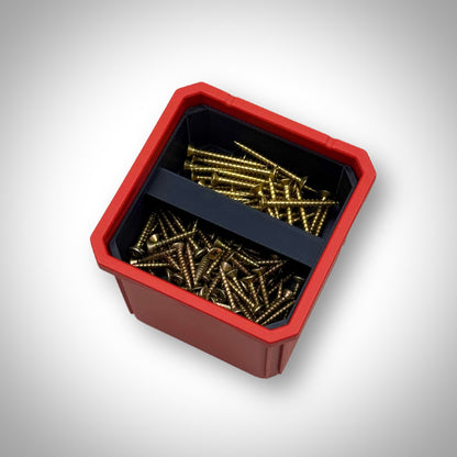 Milwaukee PACKOUT™ Medium Organiser equipped with double stack bin dividers, fully loaded with assorted small parts neatly separated in each section.