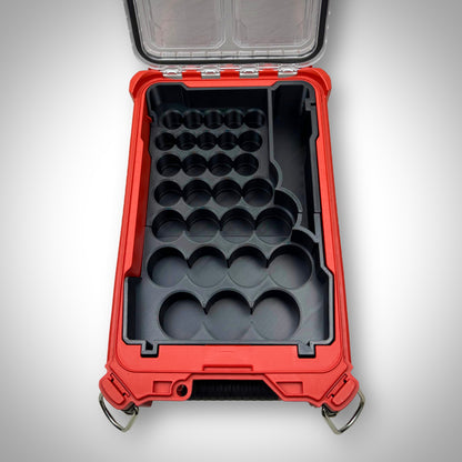 Empty metric socket organiser insert displayed inside the Milwaukee PACKOUT Toolbox, showing precise socket grid layout and durable construction.