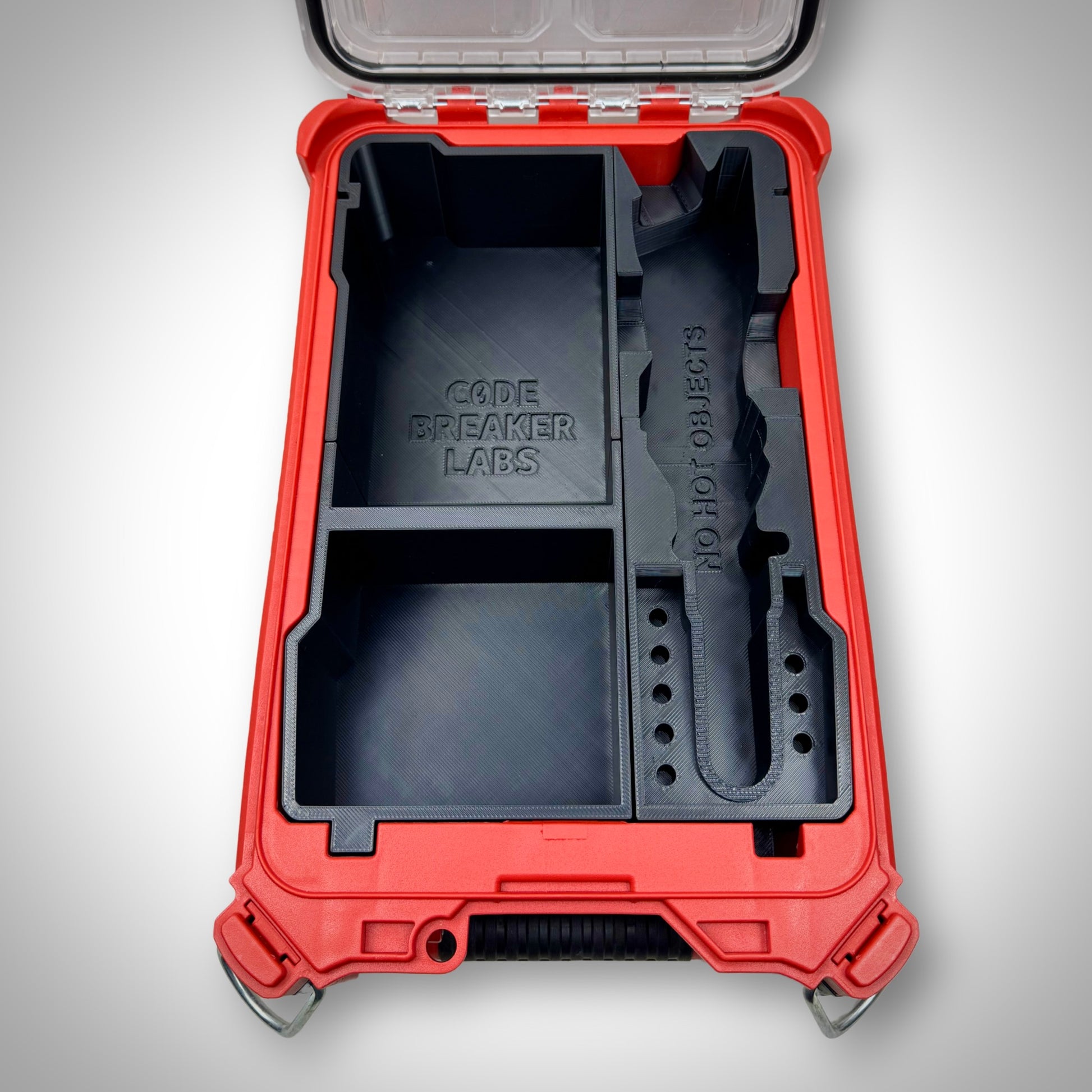 Empty M12 Soldering Iron Insert securely fitted inside the PACKOUT™ Compact Organiser, showcasing dedicated slots and built-in tip holders.