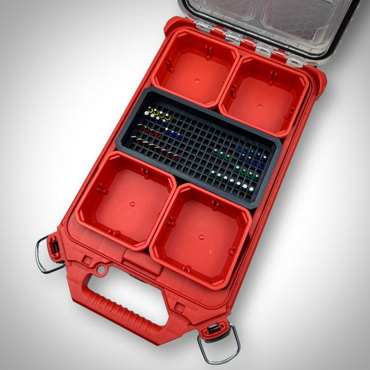 Black Impact Bit Holder insert loaded with 50mm and extension impact bits, neatly organised inside the Milwaukee PACKOUT™ Low Profile Organiser