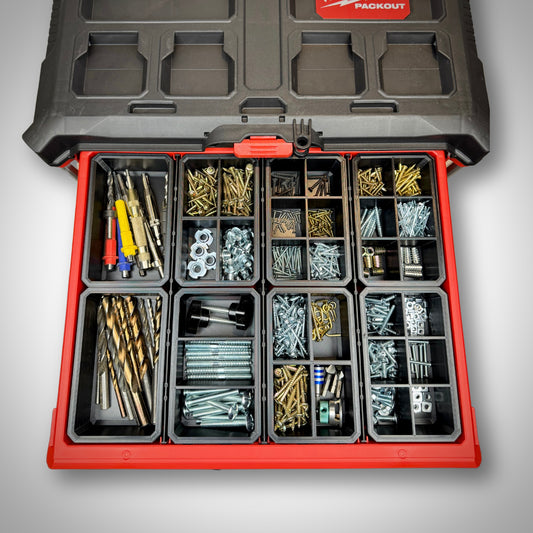 Milwaukee PACKOUT™ 4-Drawer Toolbox loaded with mixed divider bins loaded with different accessories.