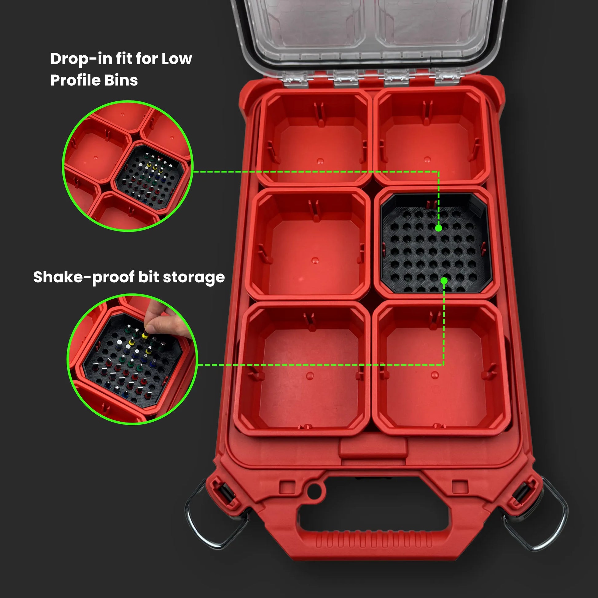 Showcase of inserts for a Milwaukee Packout container