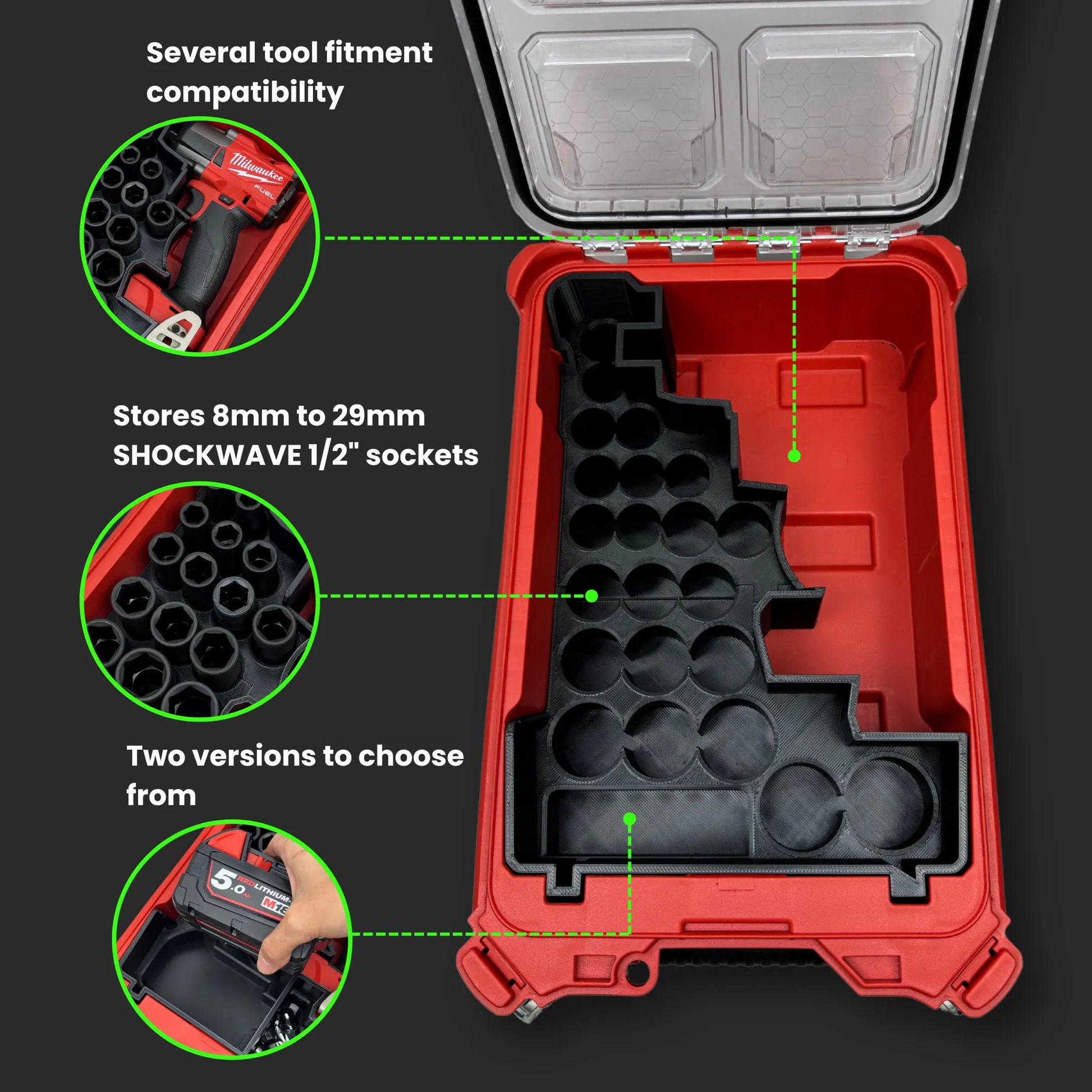 Milwaukee PACKOUT Compact Organiser showcasing custom insert holding a 22-piece 1/2" socket set in an organised, easy-access layout.