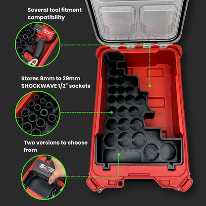 Milwaukee PACKOUT Compact Organiser showcasing custom insert holding a 22-piece 1/2" socket set in an organised, easy-access layout.