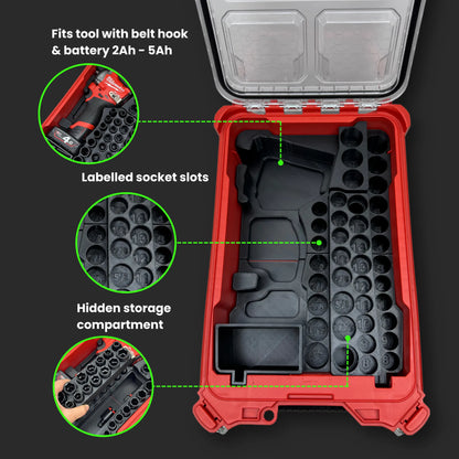 Milwaukee PACKOUT Compact Organiser featuring custom insert securely holding an M12 Stubby and 3/8" socket set in a precise layout.