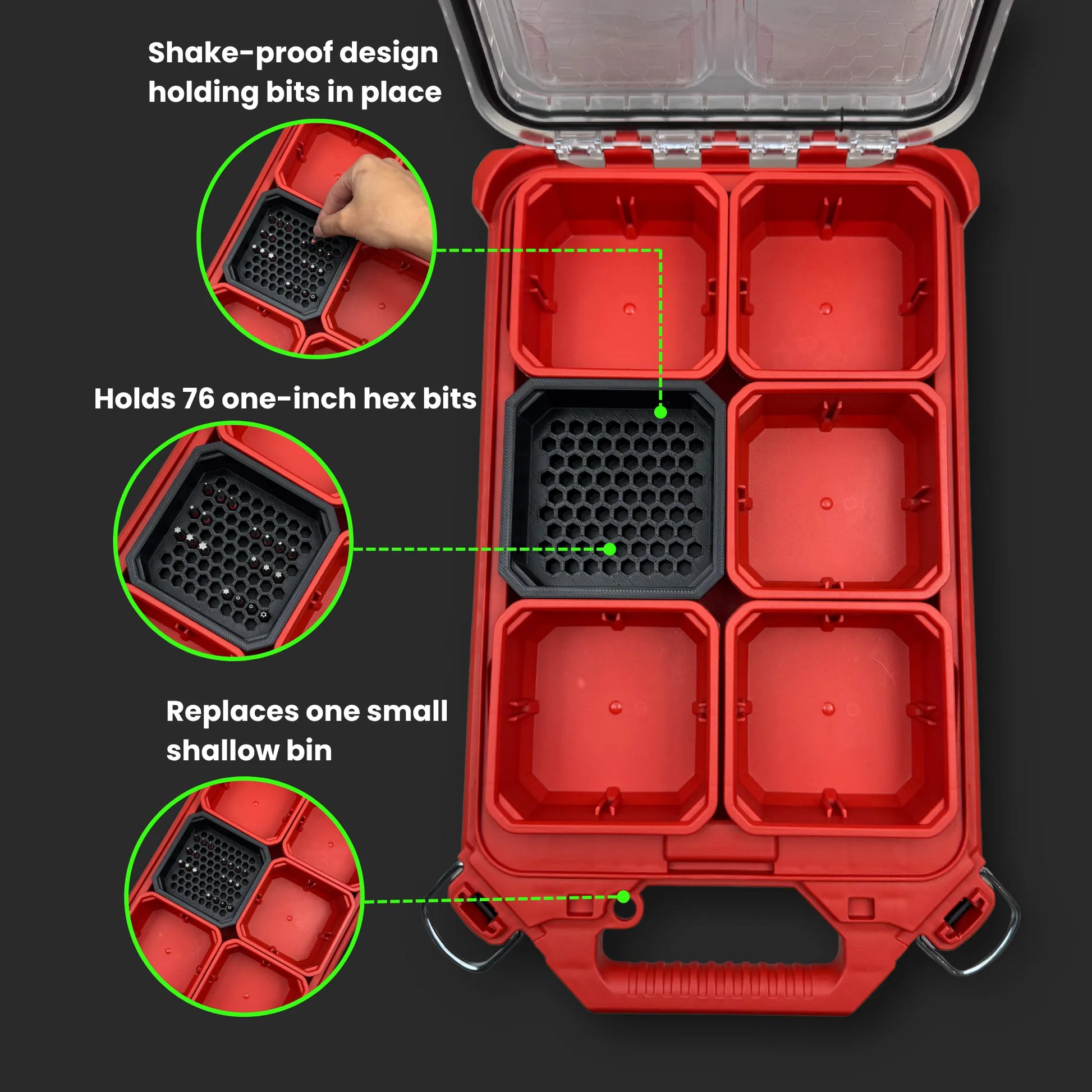 Milwaukee PACKOUT Small Shallow Bin with custom bit holder insert storing up to 76 one-inch hex bits securely and organized for easy jobsite access.