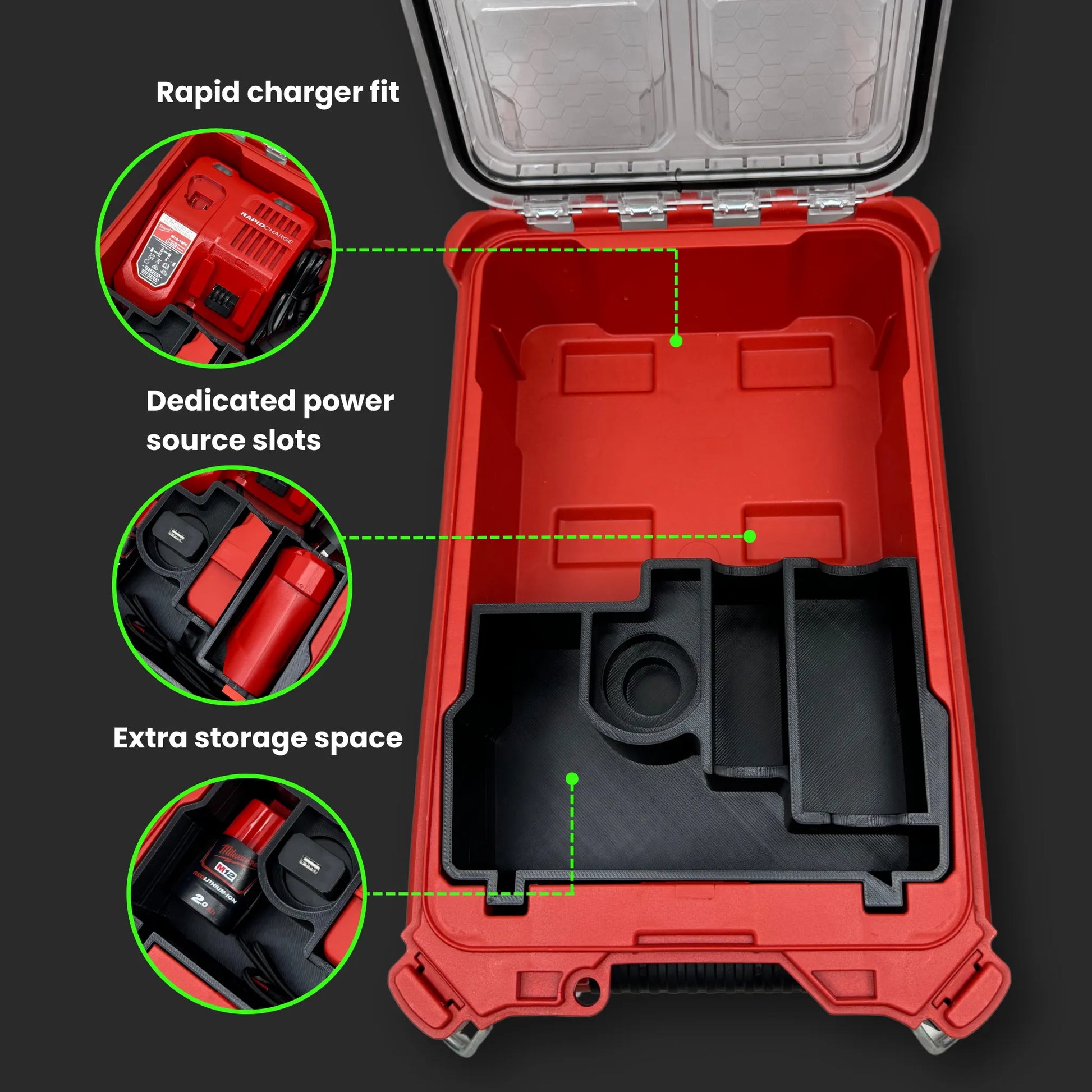 Milwaukee PACKOUT Compact Organiser with custom charger insert securely holding M12 and M18 chargers in dedicated compartments.