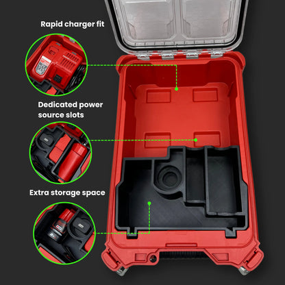 Milwaukee PACKOUT Compact Organiser with custom charger insert securely holding M12 and M18 chargers in dedicated compartments.
