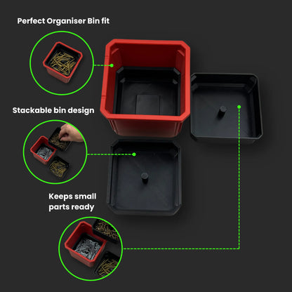 Milwaukee PACKOUT triple-stack bin dividers neatly organizing small parts in Medium Organiser bins for efficient, secure, and space-saving storage