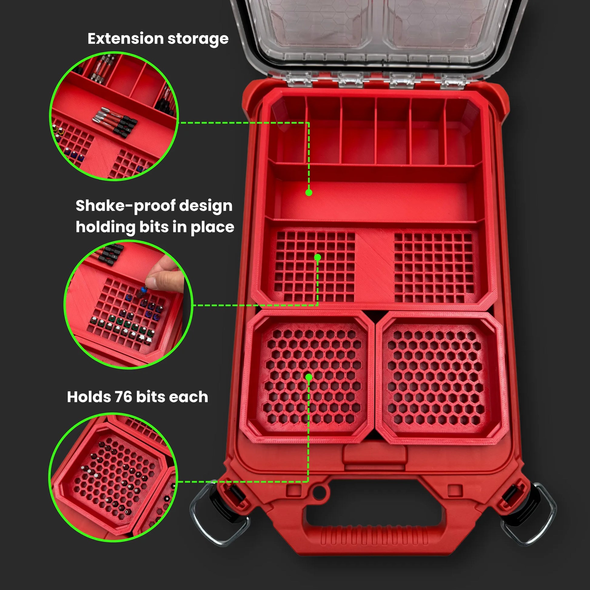 Milwaukee PACKOUT Low Profile Organiser with Impact Bit Organiser Combo holding 1-inch, 50mm, and extension bits neatly arranged for efficient tool storage.