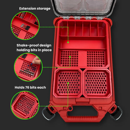 Milwaukee PACKOUT Low Profile Organiser with Impact Bit Organiser Combo holding 1-inch, 50mm, and extension bits neatly arranged for efficient tool storage.
