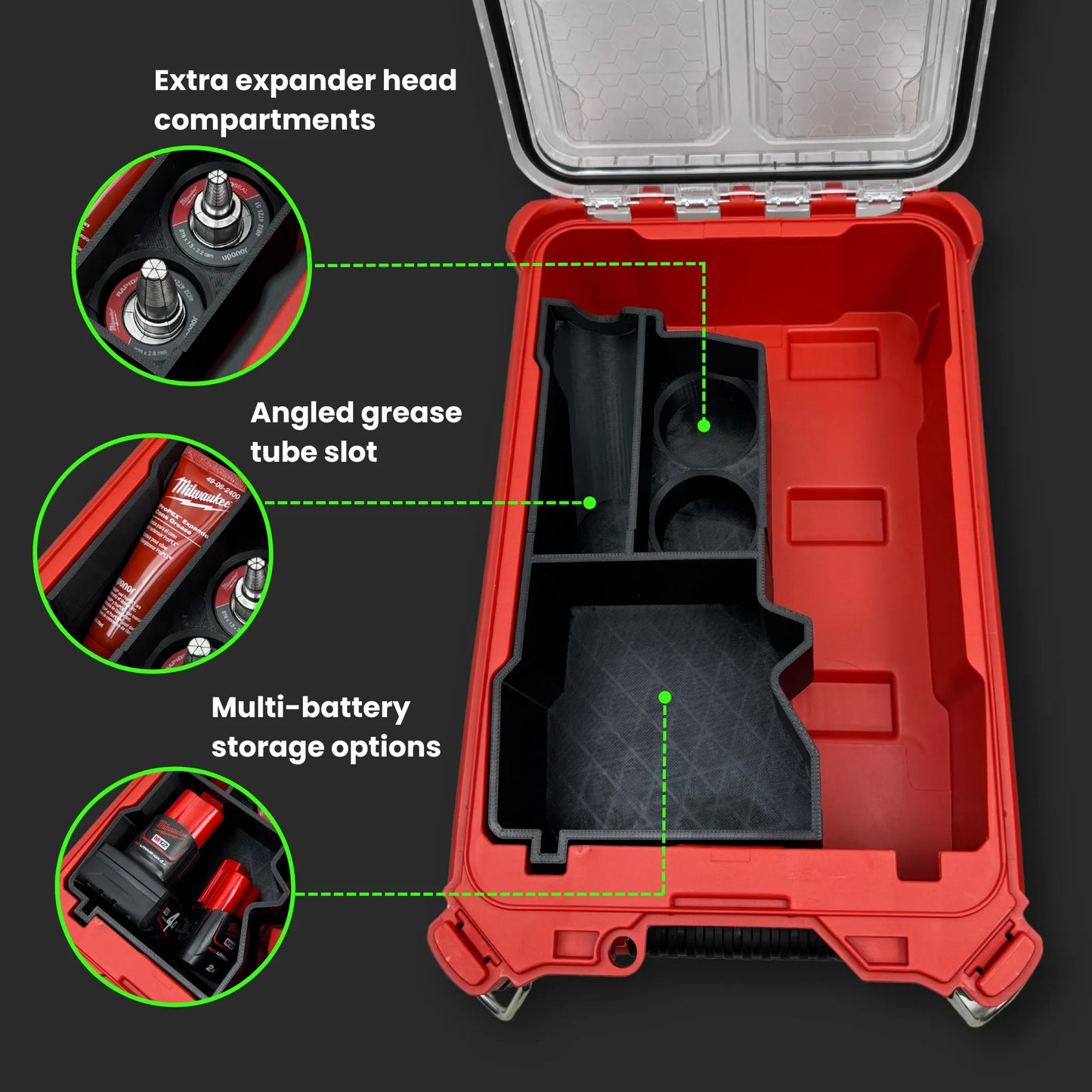 Milwaukee PACKOUT Compact Organiser featuring a custom insert securely storing the M18 Expansion Tool, jaws, batteries, and accessories in clearly defined compartments.