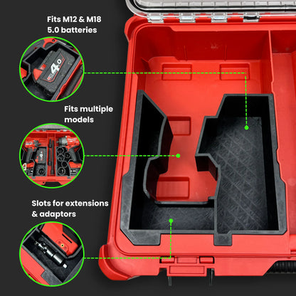 Milwaukee PACKOUT Compact Organiser featuring a custom insert that securely holds an M18 Impact Wrench, batteries, and accessories for easy access and organised storage.