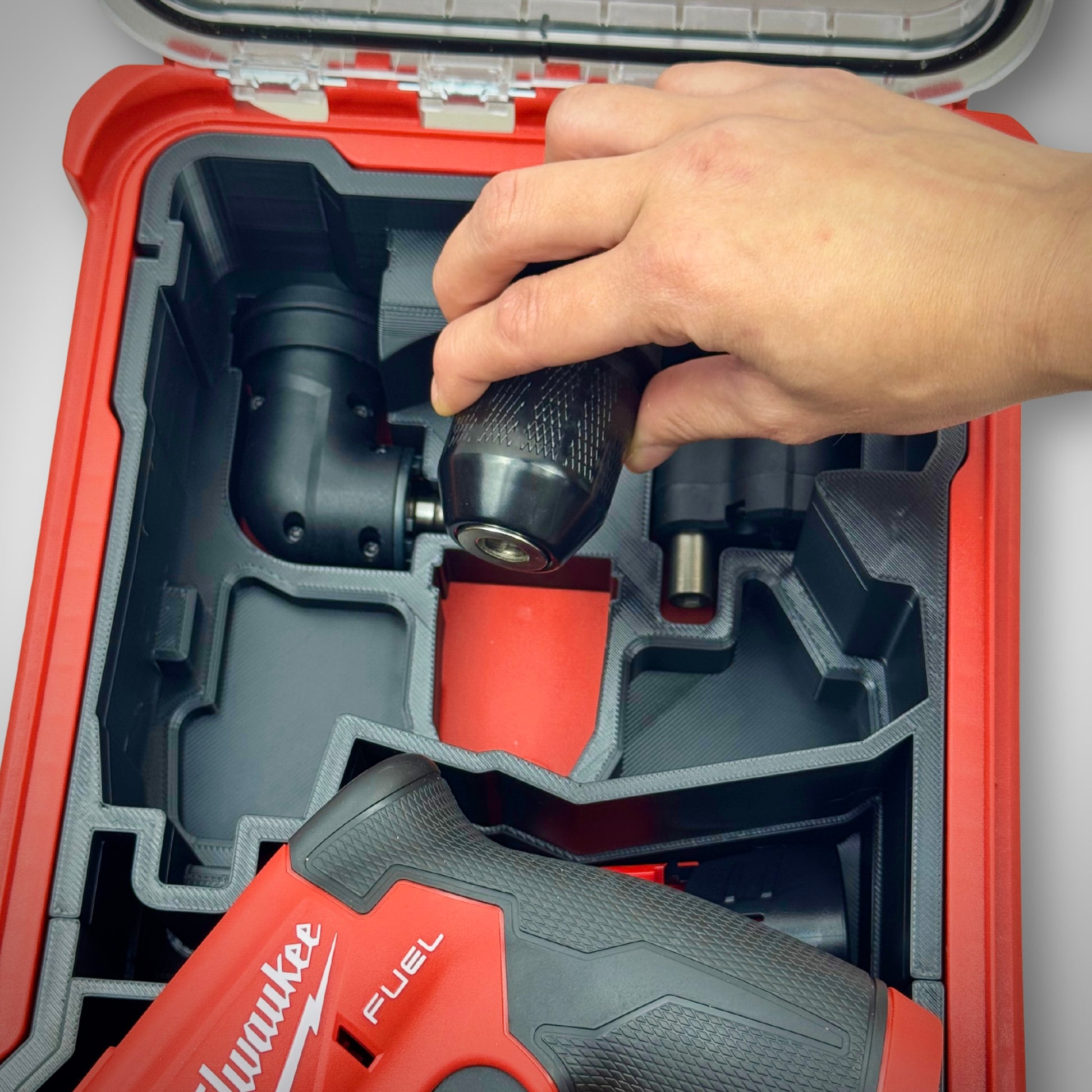 Milwaukee PACKOUT insert for Installation Driver—highlighting dedicated compartments for multiple driver heads and attachments.