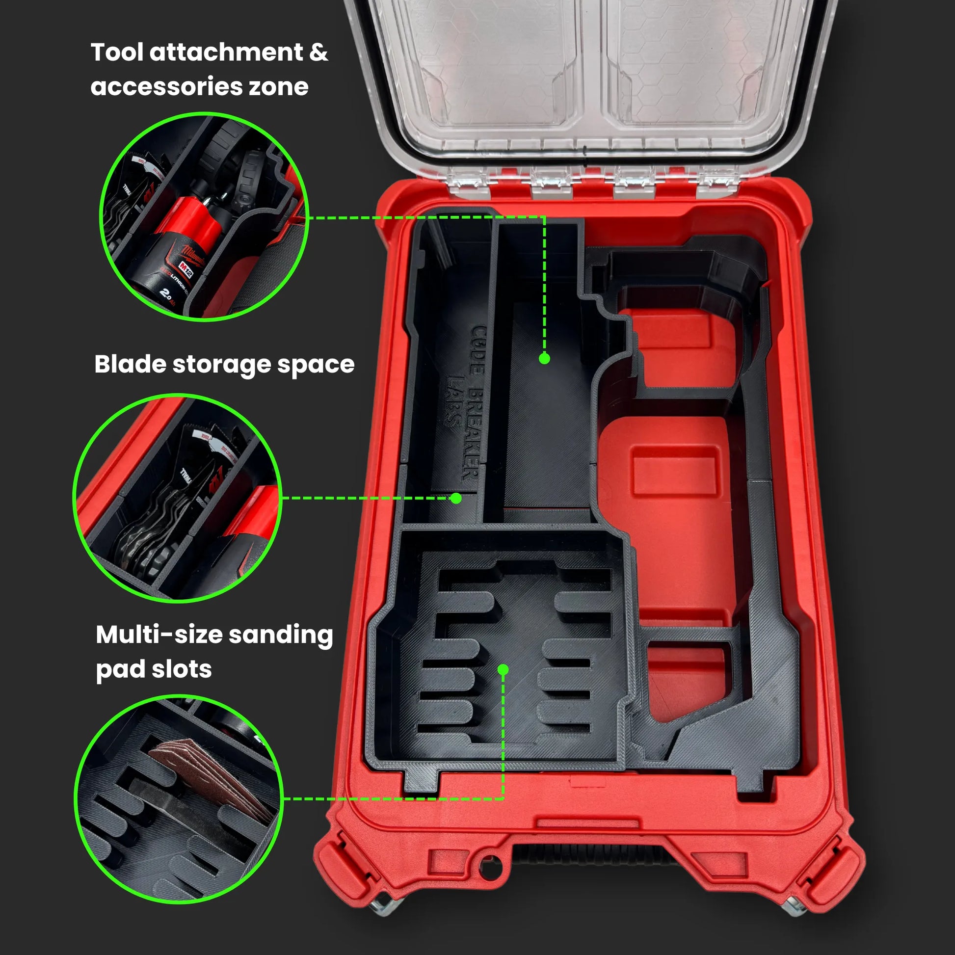 Milwaukee PACKOUT Compact Organiser with M12 Multi Tool insert storing M12 multi tool, blades, bits, and accessories securely for easy jobsite access.